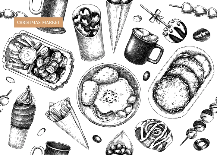 Street food and drink background. Vintage Christmas market menu design - pastries, sweets, grilled meat, raclette, hot drinks sketches. Hand-drawn vector illustration. Fast food seamless pattern